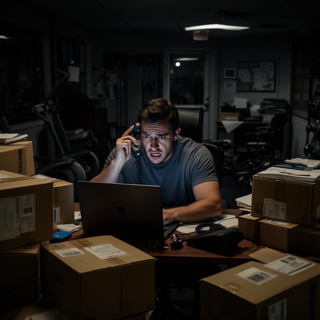 Overwhelmed gym owner late at night surrounded by boxes